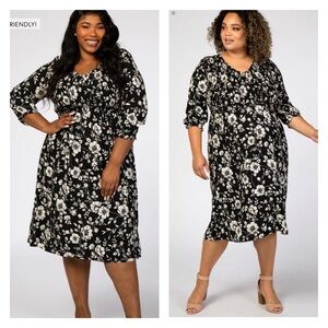 Polagram Black White Floral Smocked Midi Dress V Neck 3/4 Sleeve Size Large NEW